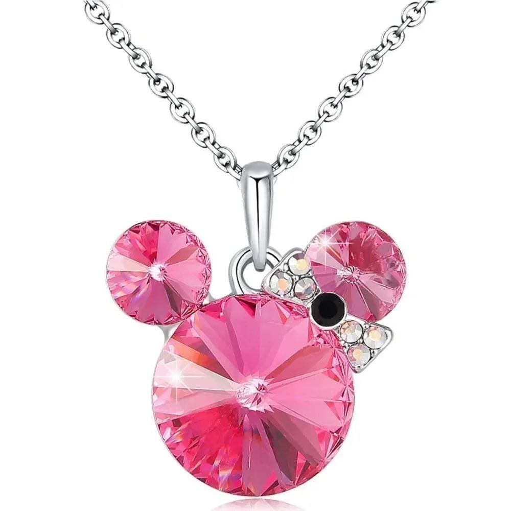 Silver and Pink Swarovski Crystal Minnie Mouse Adjustable Chain Necklace